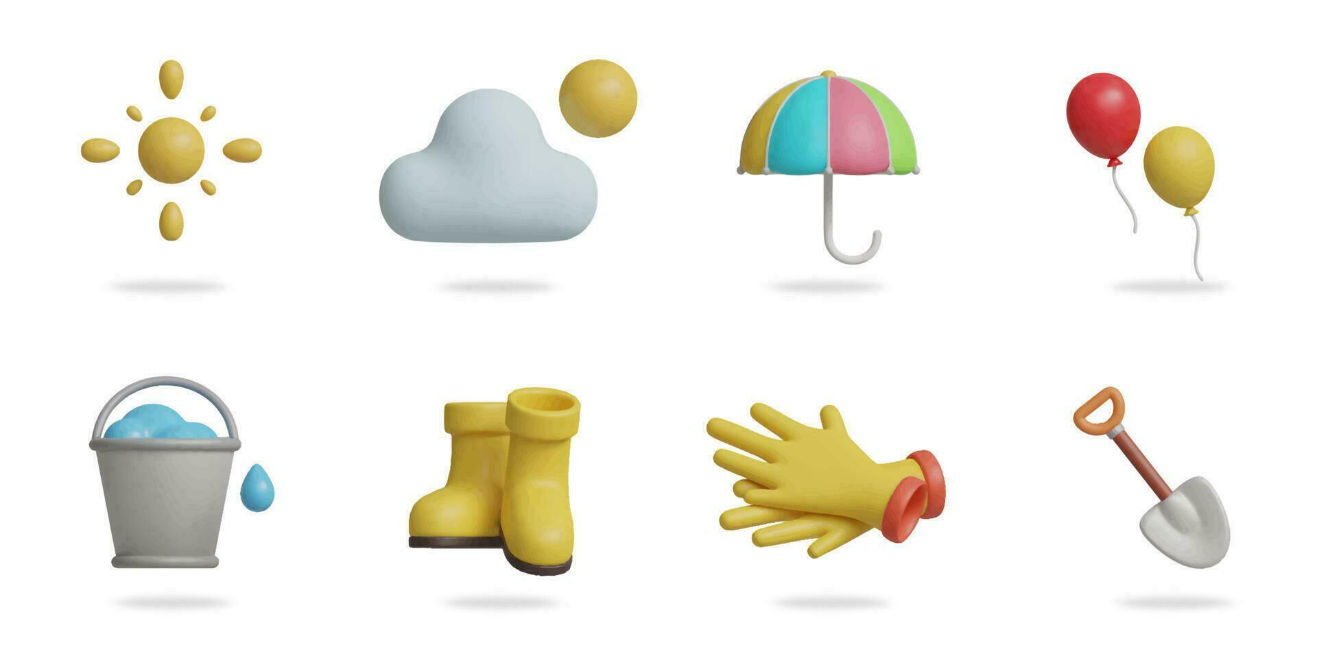 clima y jardinería equipo 3d vector icono colocar. sol, soleado nube, paraguas, globo, balde, jardín botas, jardinería guantes, pala