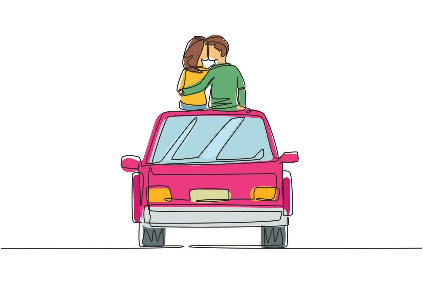 Single continuous line drawing two happy lovers sitting on roof of car and look at romantic scenery. Happy man and woman celebrating wedding anniversary. Dynamic one line draw graphic design vector