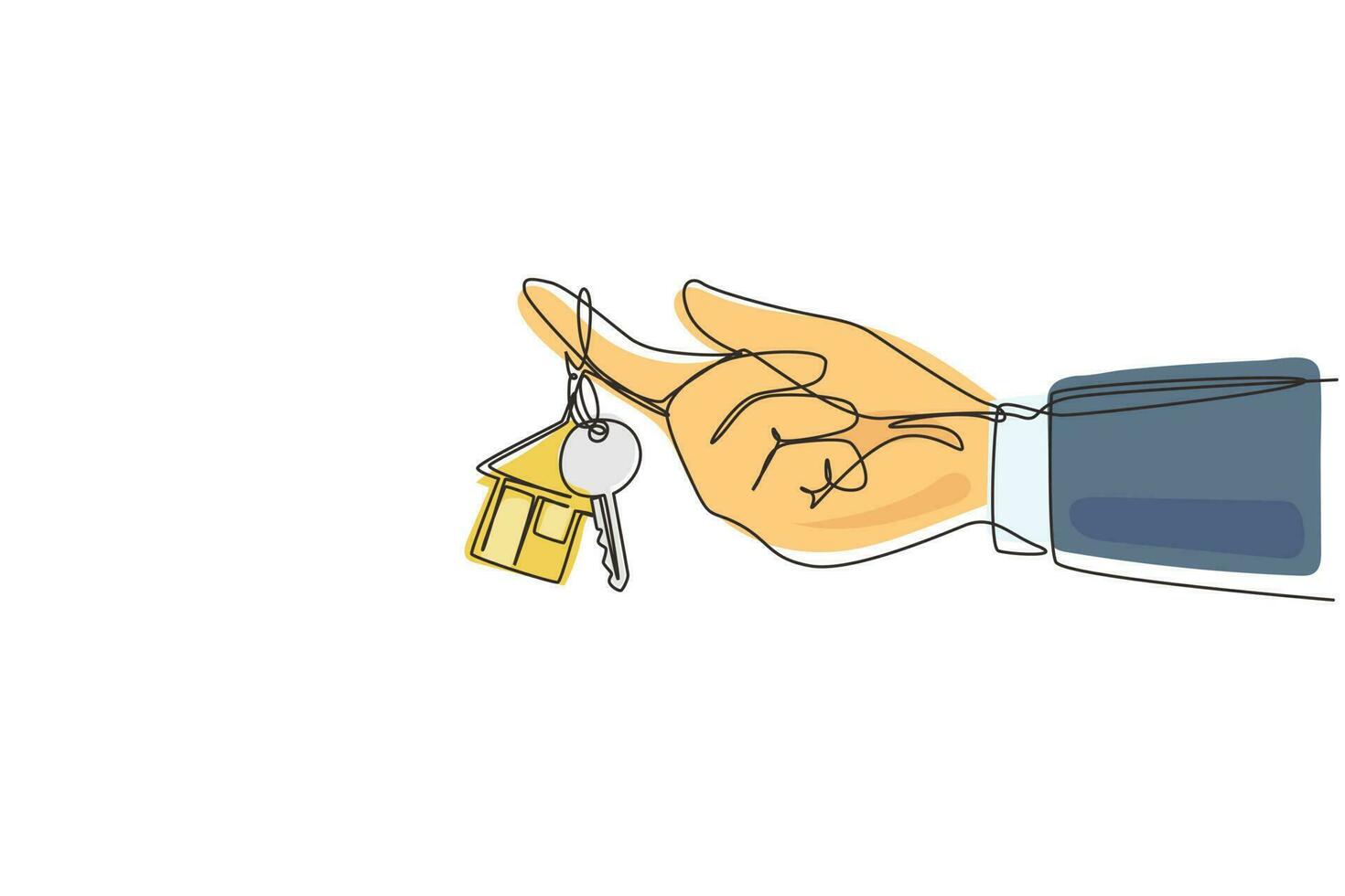 Single one line drawing hand hold a key of house or apartment. Real estate. Man hand holding key from house isolated on white. Buying the house. Continuous line draw design graphic vector illustration