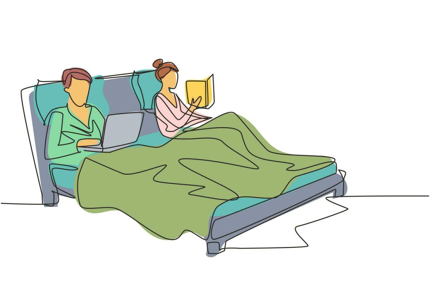 Single continuous line drawing couple spending time in bed with comfortable mattress before falling asleep. Man with laptop, surfing internet. Woman, reading bedside book. One line draw graphic vector