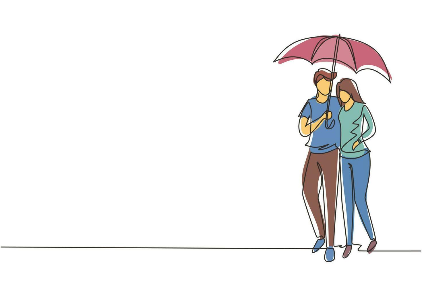 dibujo de una sola línea joven pareja hombre mujer, niña y niño caminando sosteniendo paraguas bajo la lluvia sonriendo abrazándose. pareja romántica en el clima lluvioso de otoño. vector gráfico de diseño de dibujo de línea continua