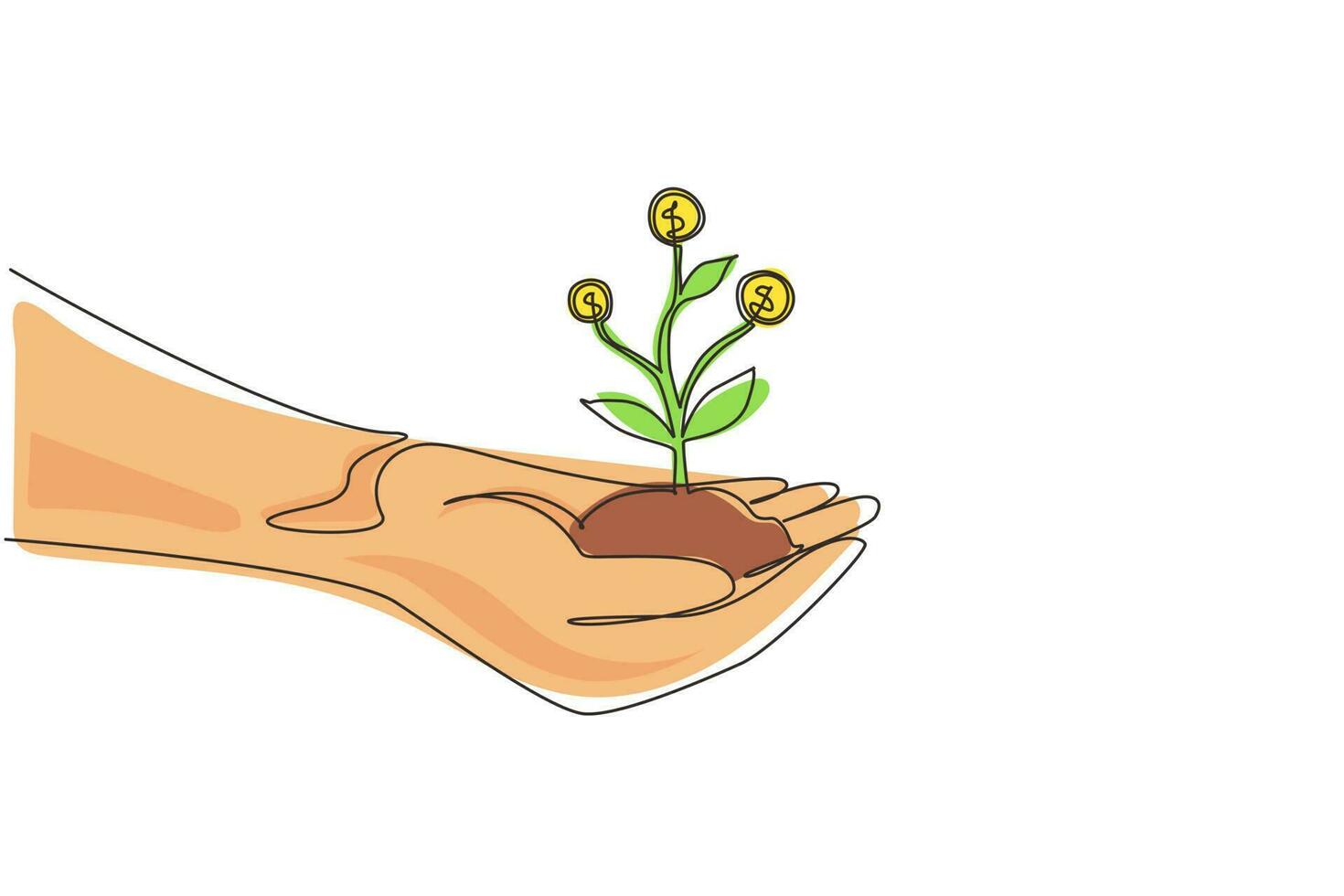 Continuous one line drawing close up image of human hands holding sprout of money tree. Concept of earnings, success in work, money, and investment. Single line draw design vector graphic illustration