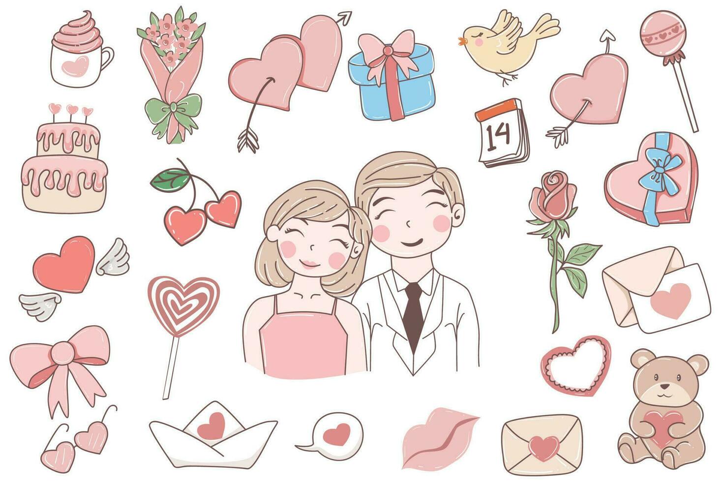 Vector hand drawn couple elements for valentine, Valentine's Day element all isolated, love, gift box, rose, Labels, ribbon, speech bubble, heart, arrow, wings, flowers set