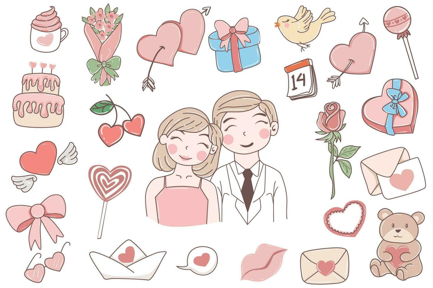 vector mano dibujado Pareja elementos para enamorado, San Valentín día elemento todas aislado, amar, regalo caja, rosa, etiquetas, cinta, habla burbuja, corazón, flecha, alas, flores conjunto