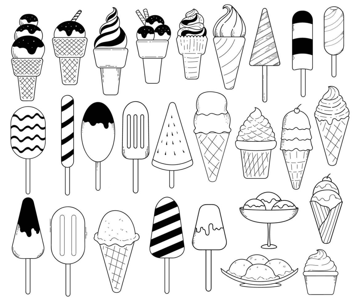 Set of hand-drawn doodle illustrations of ice cream vector