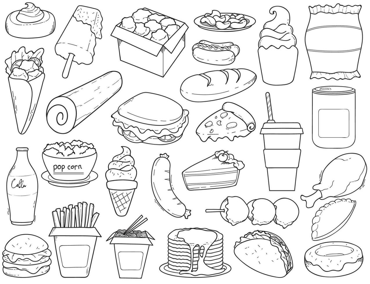 Set of hand-drawn doodle illustrations of fast food vector
