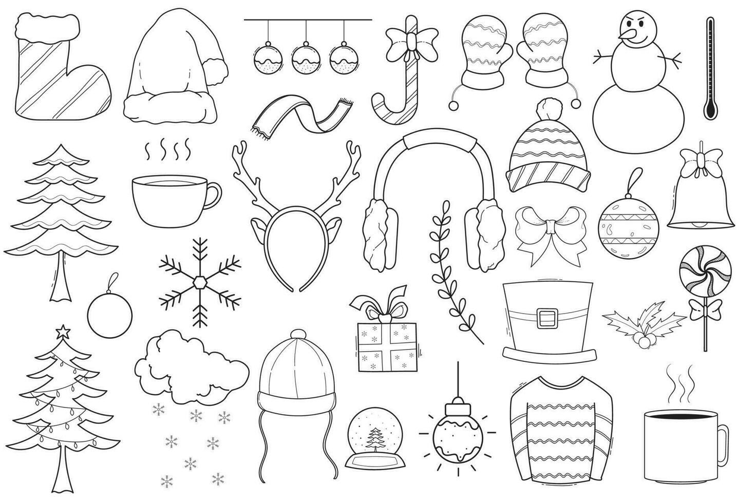 conjunto de impresión de dibujado a mano garabatear ilustraciones de invierno Navidad vector