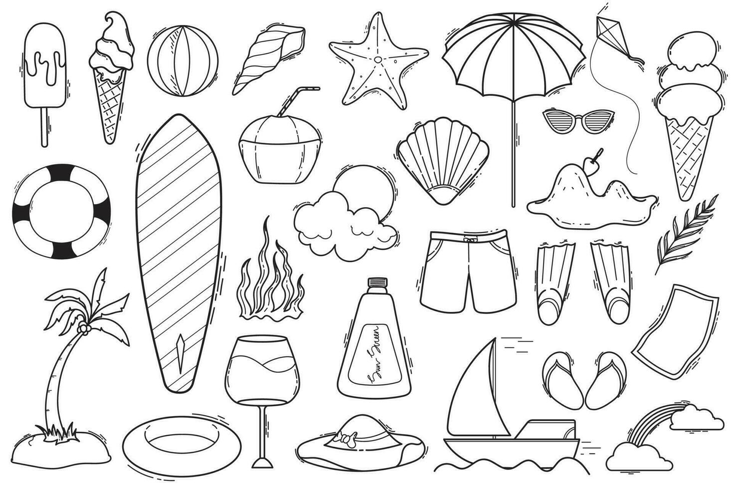 PrintSet of handdrawn doodle illustrations of summer theme vector