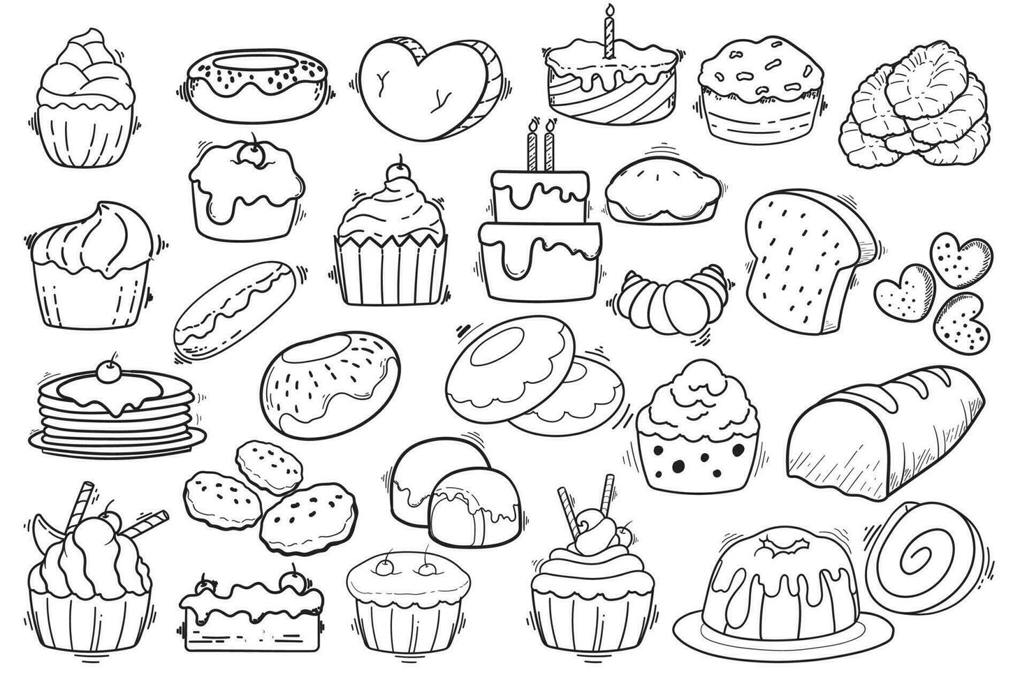 conjunto de dibujado a mano garabatear ilustraciones de pasteles vector