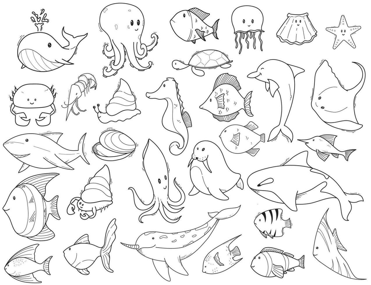 conjunto de dibujado a mano garabatear ilustraciones de animal submarino vector