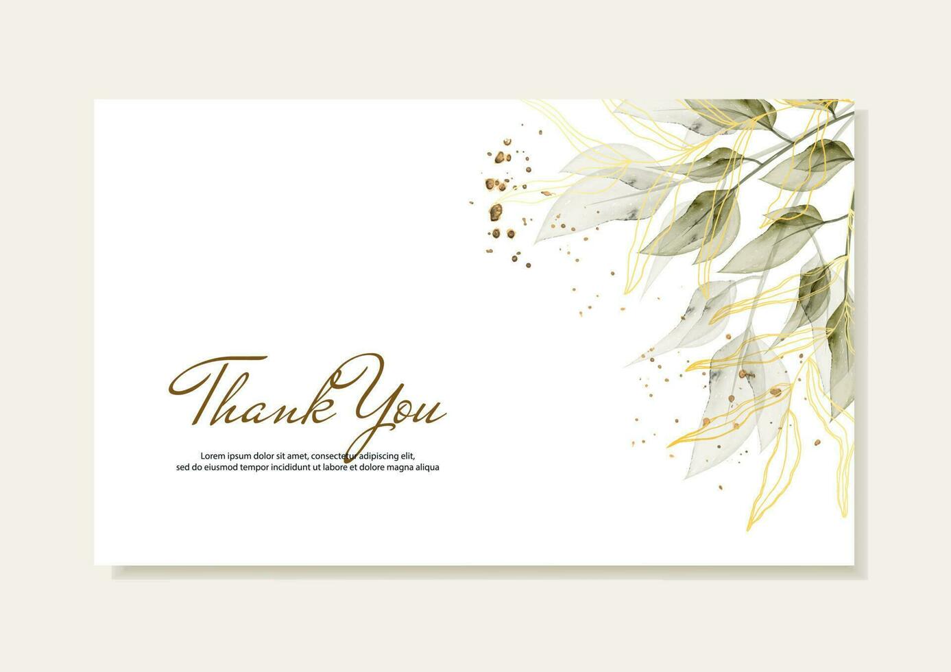 Thank you card with vector watercolor green leaves and golden branches. Vector template.