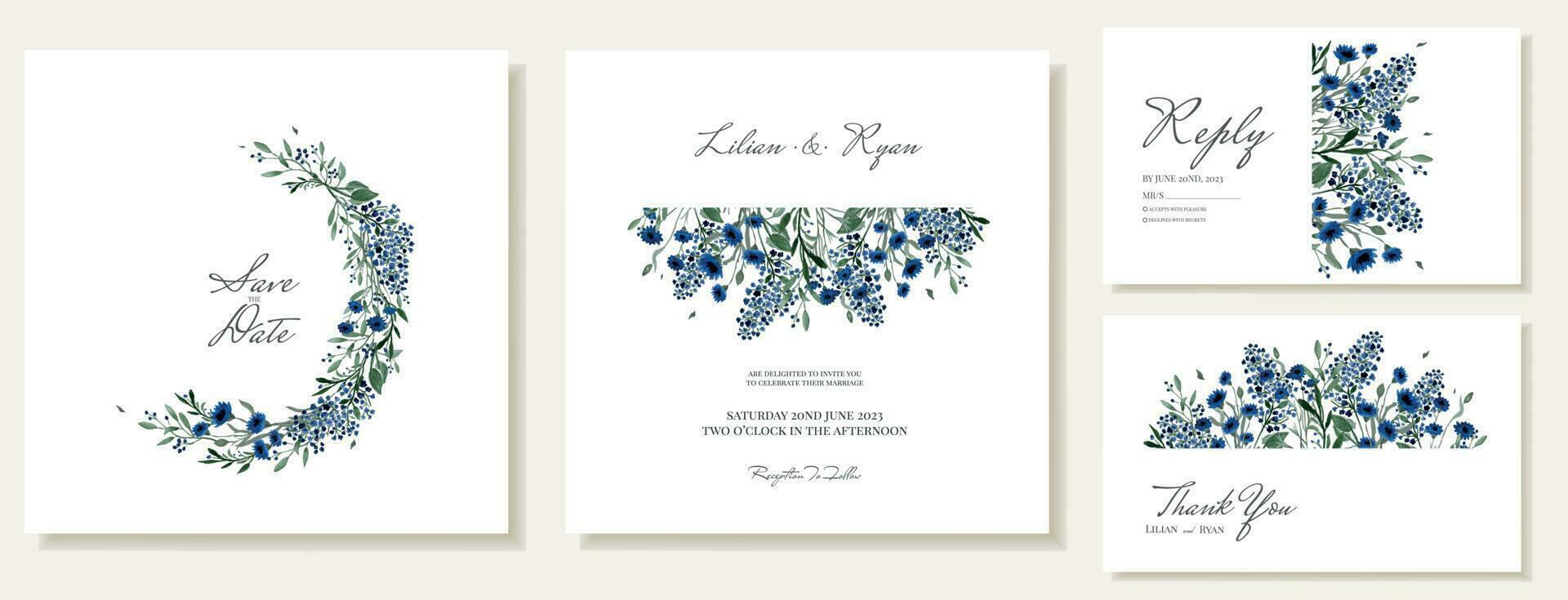 Square wedding invitations and thank you cards with hand-drawn watercolor summer wild blue flowers. Vector templates