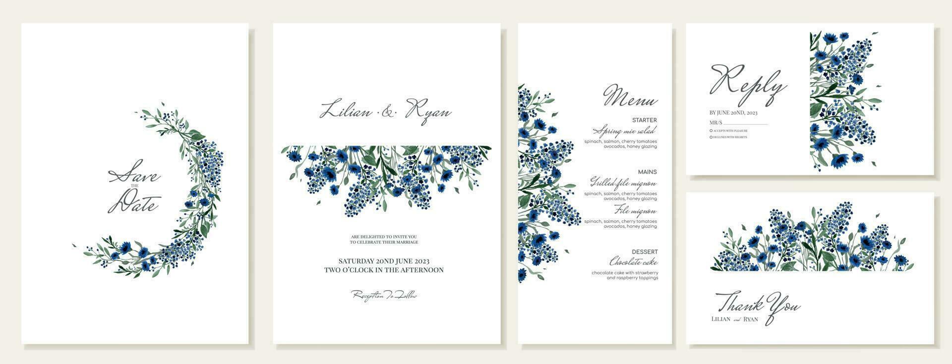 Wedding invitations, menu and thank you cards with hand-drawn watercolor summer wild blue flowers. Vector templates