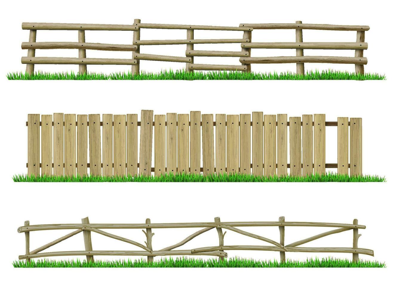 Set of vintage wooden fences made of branches vector