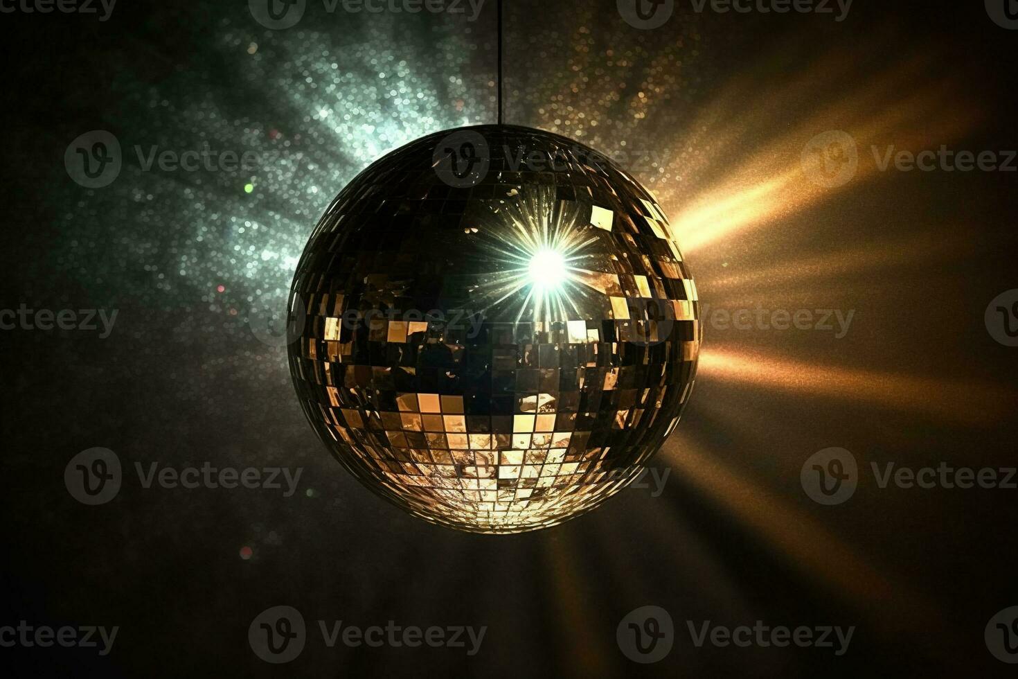 Disco ball on a dark background. Mirror ball with sparks of light, abstract party background. Generated by AI. photo