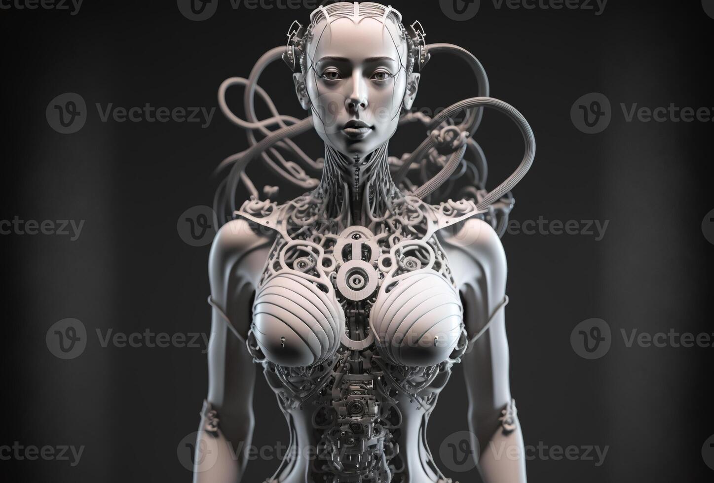 Mechanical android girl, a tangle of wires and technical elements. Humanoid robot woman, complex sci-fi model. White cyberpunk character on dark background. . photo