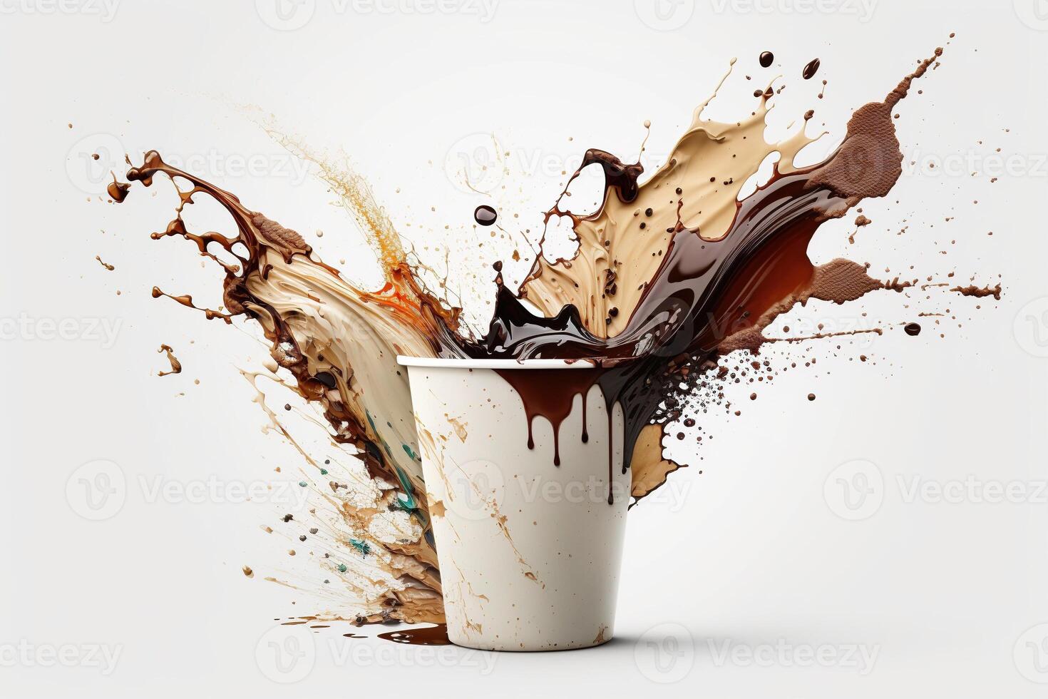 Coffee paper cup, splash and splatter. Burst of brown liquid, drips. Abstract illustration on white background. . photo