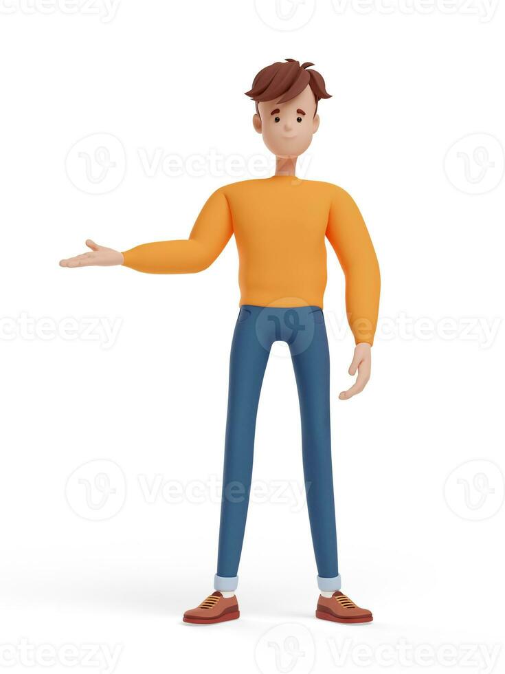 3D young positive man pointing in the direction. Portrait of a funny cartoon guy in casual clothes, sweater and jeans. Minimalistic stylized character. 3D illustration on white background. photo