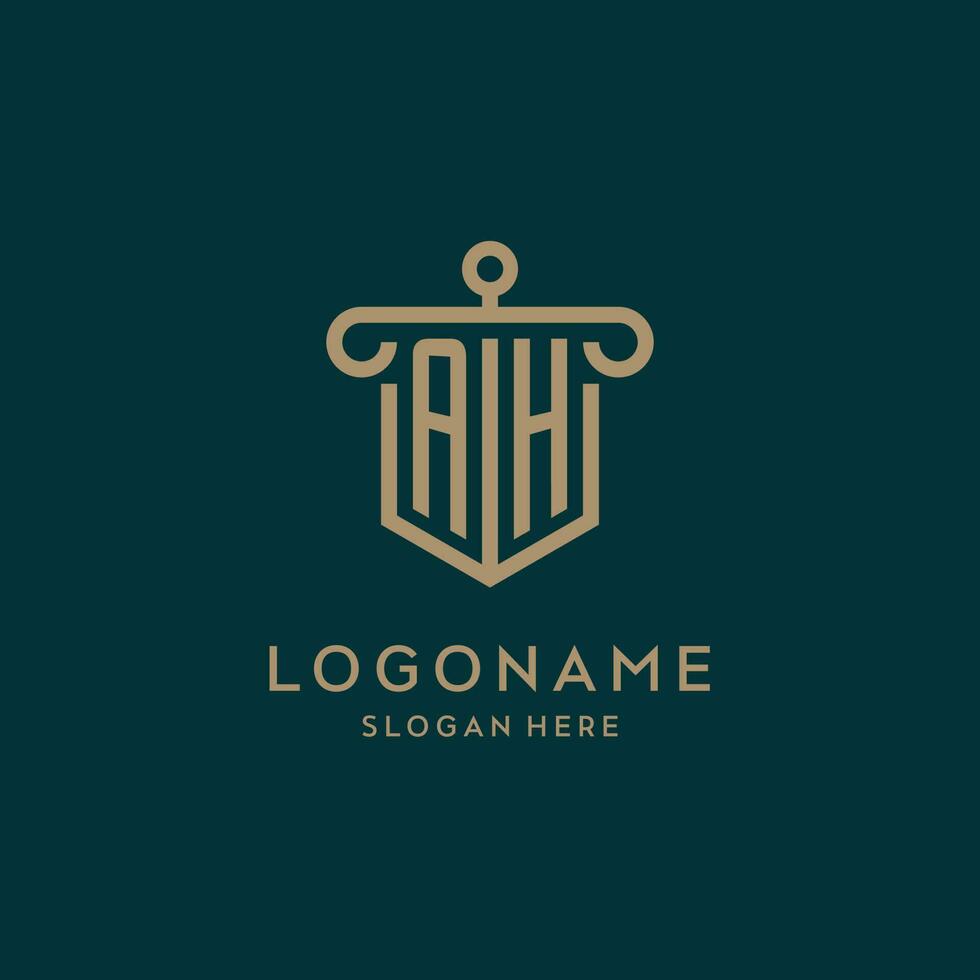 AH monogram initial logo design with shield and pillar shape style vector