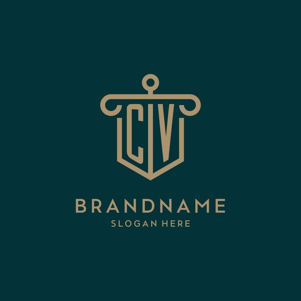 CV monogram initial logo design with shield and pillar shape style vector