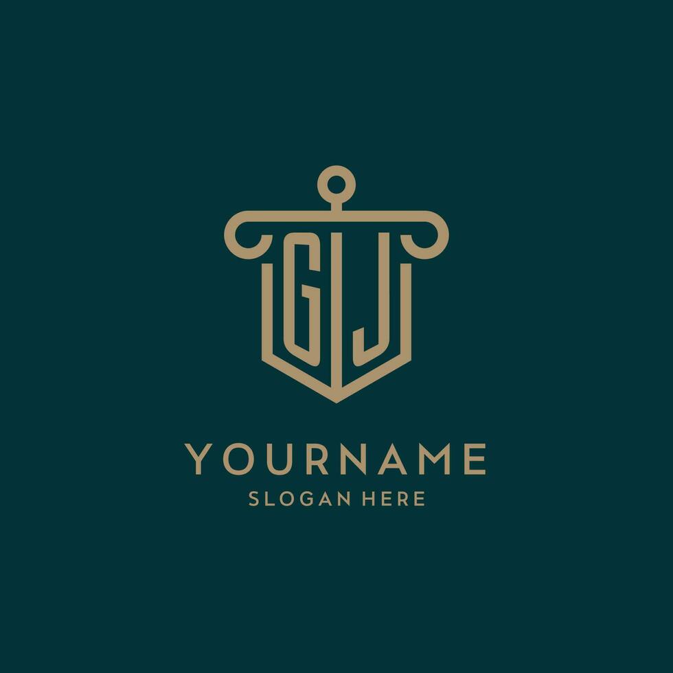 GJ monogram initial logo design with shield and pillar shape style vector