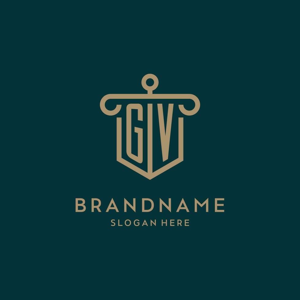 GV monogram initial logo design with shield and pillar shape style vector