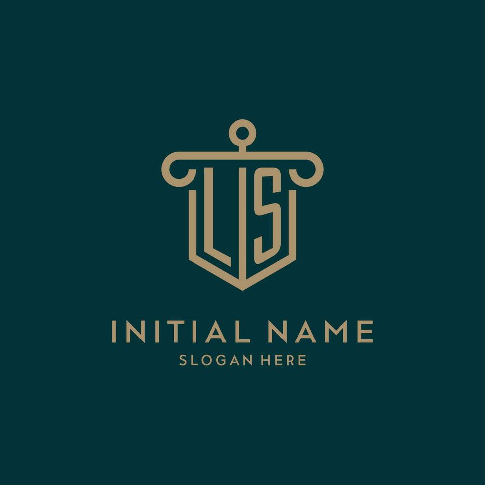 LS monogram initial logo design with shield and pillar shape style vector