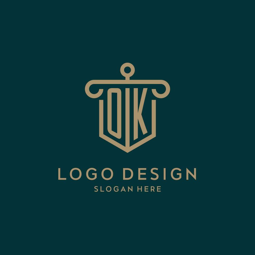 OK monogram initial logo design with shield and pillar shape style vector