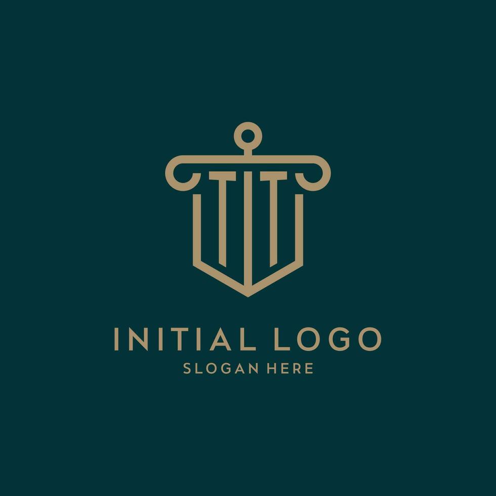 TT monogram initial logo design with shield and pillar shape style vector