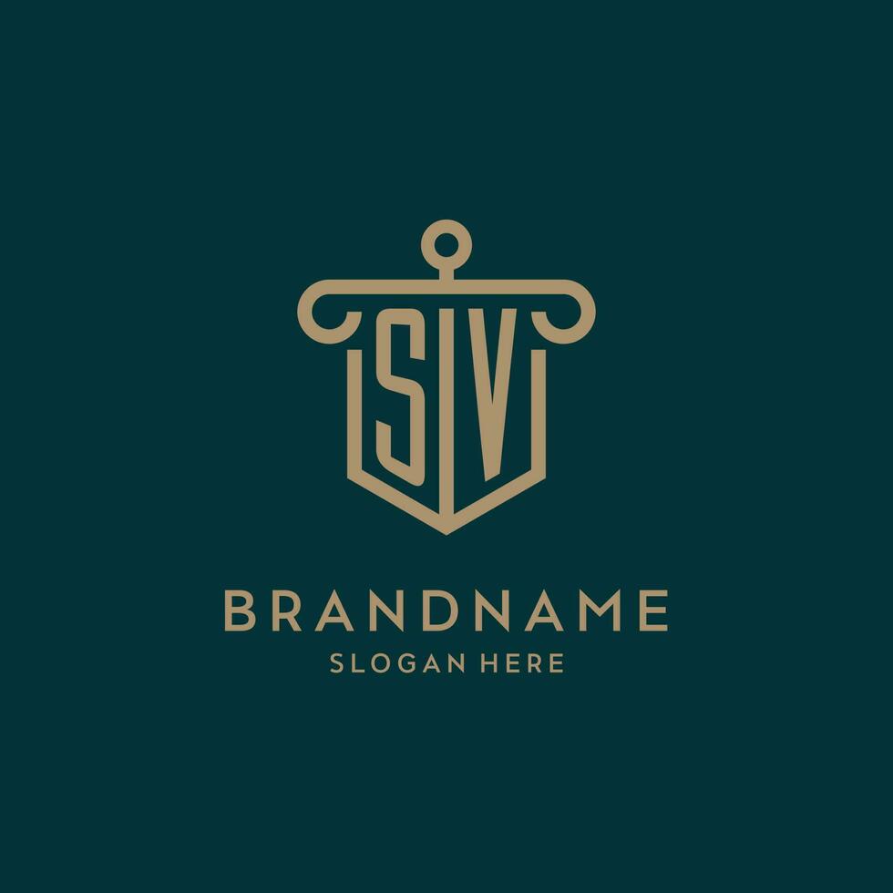 SV monogram initial logo design with shield and pillar shape style vector