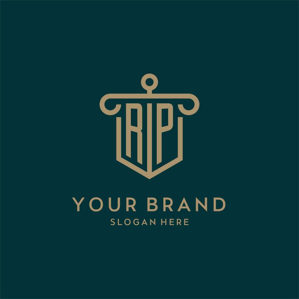 RP monogram initial logo design with shield and pillar shape style vector