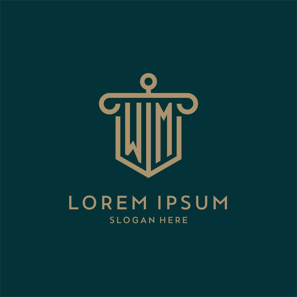 WM monogram initial logo design with shield and pillar shape style vector