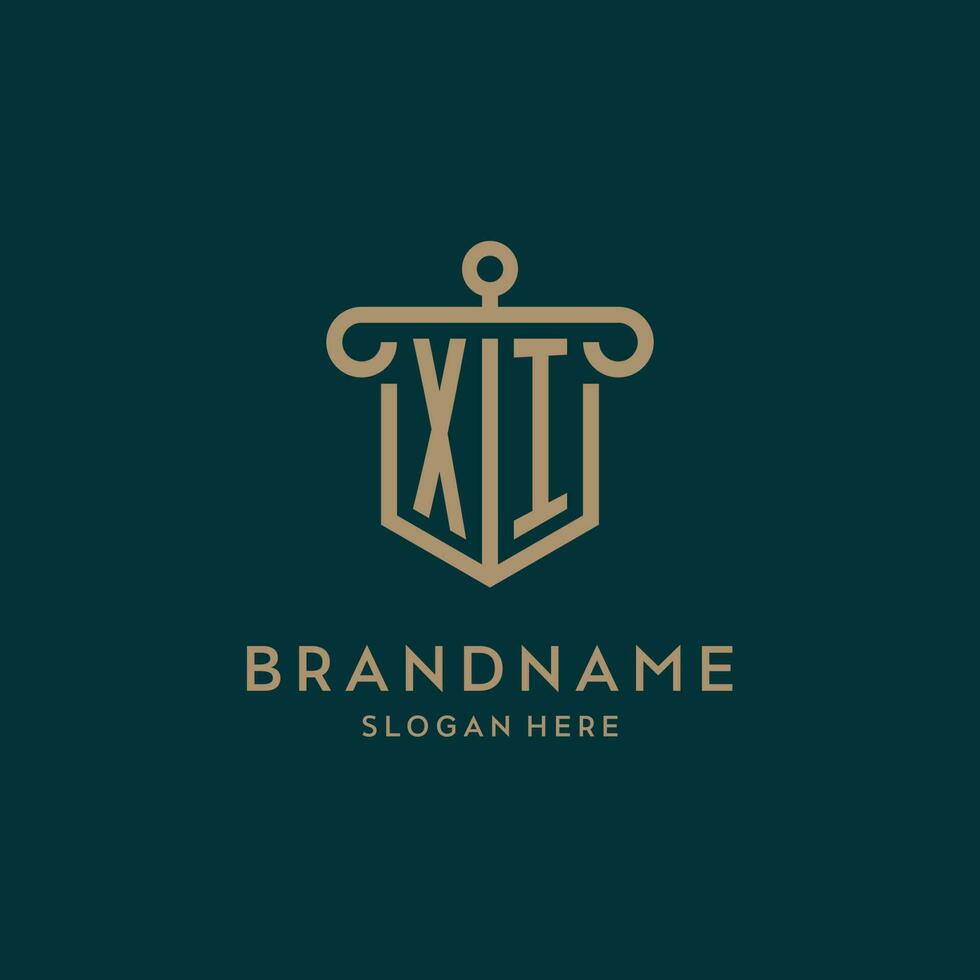 XI monogram initial logo design with shield and pillar shape style vector