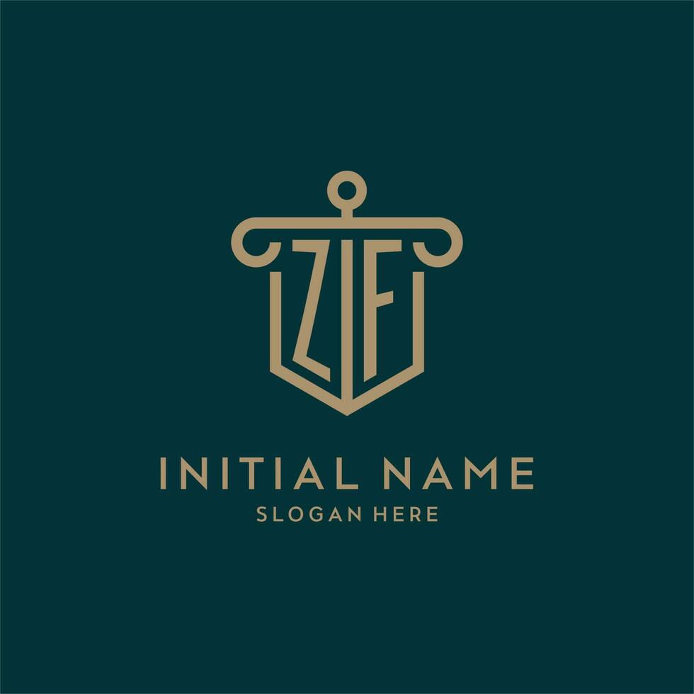 ZF monogram initial logo design with shield and pillar shape style vector