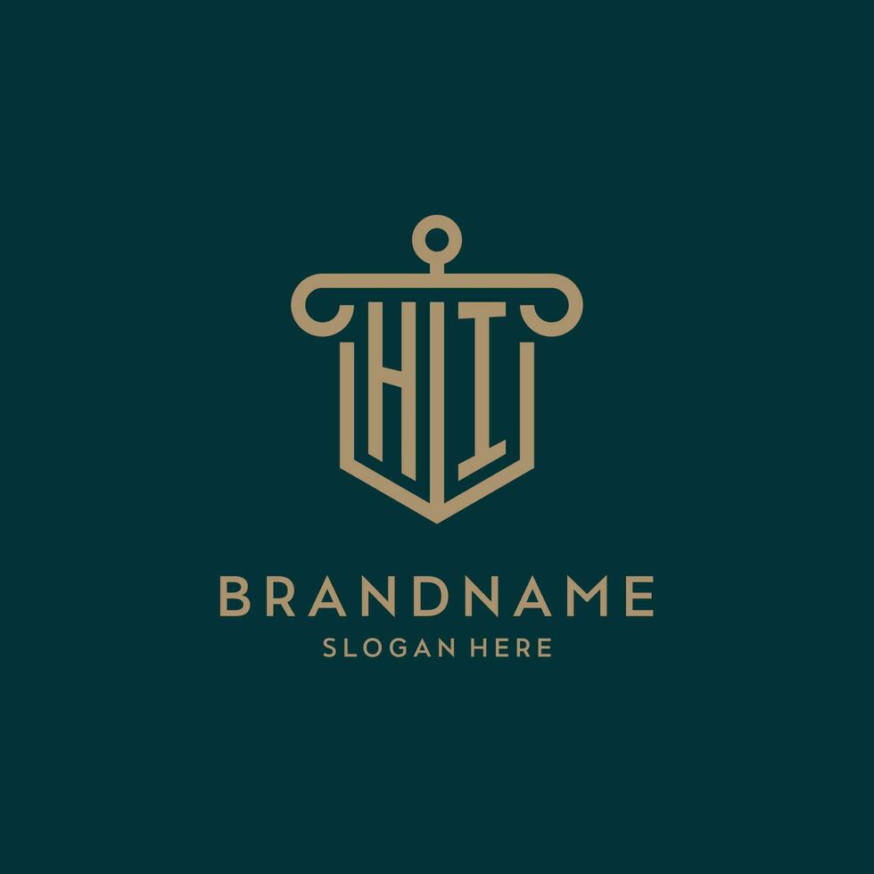 HI monogram initial logo design with shield and pillar shape style vector