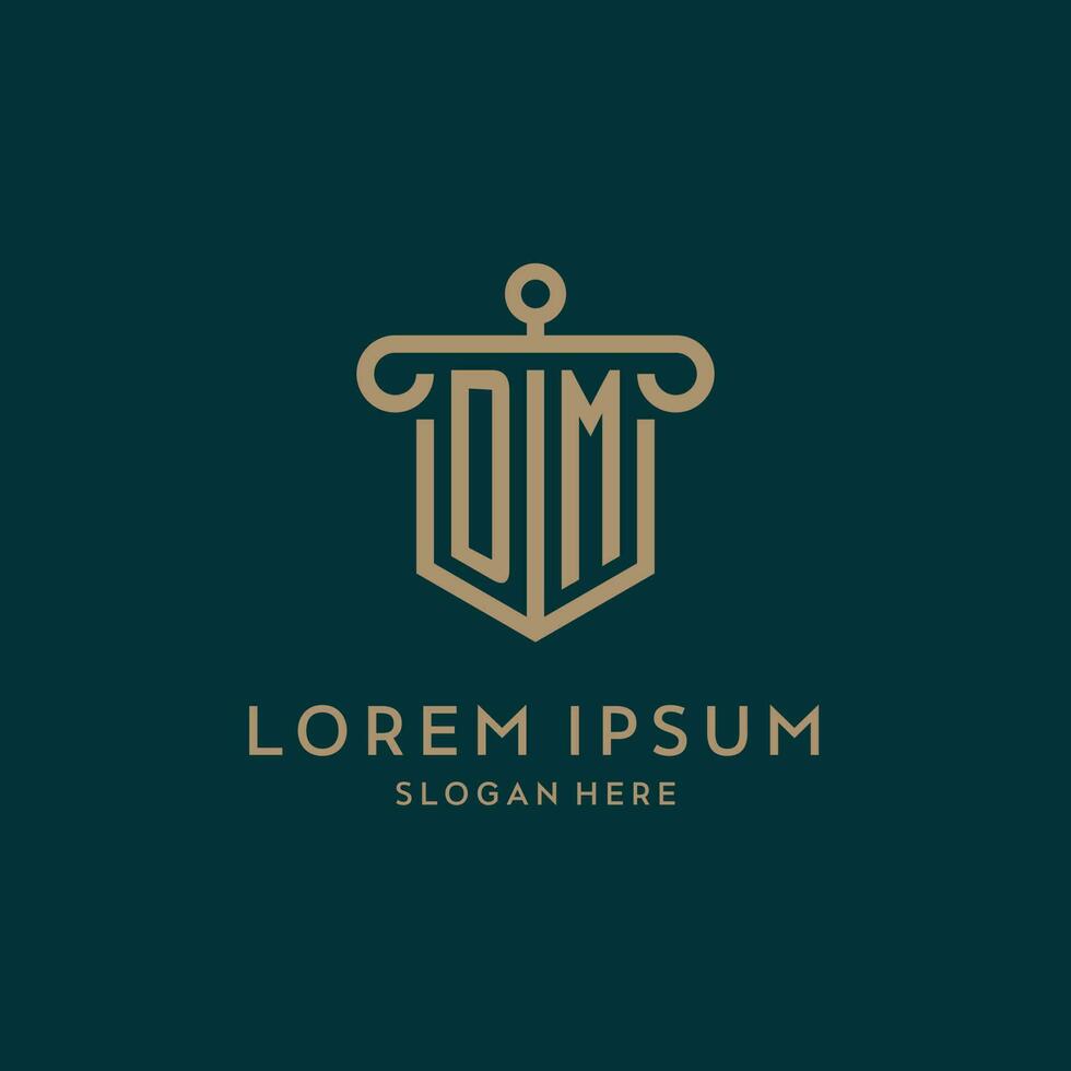 DM monogram initial logo design with shield and pillar shape style vector