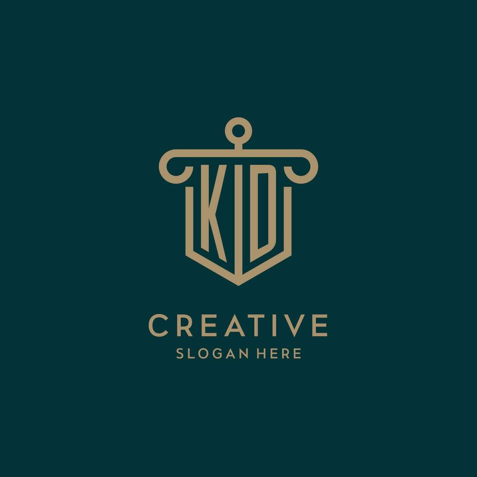 KD monogram initial logo design with shield and pillar shape style vector