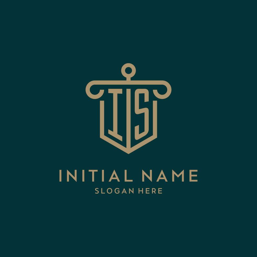IS monogram initial logo design with shield and pillar shape style vector