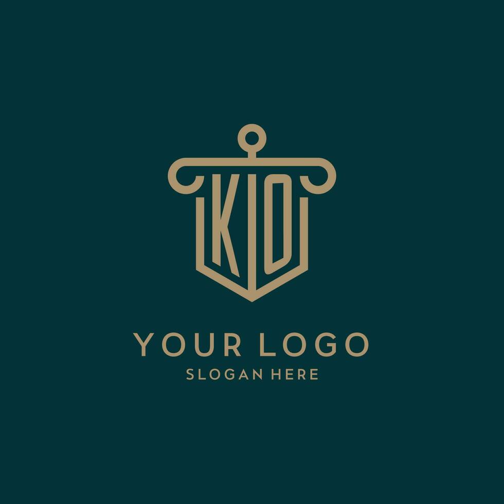 KO monogram initial logo design with shield and pillar shape style vector