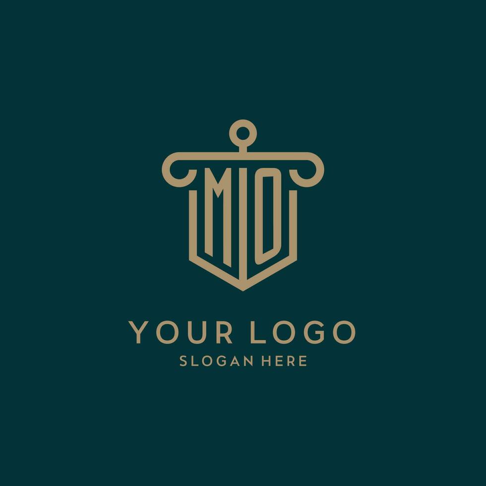 MO monogram initial logo design with shield and pillar shape style vector