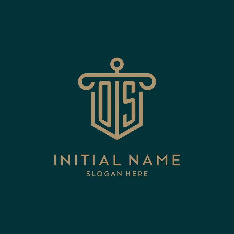 OS monogram initial logo design with shield and pillar shape style vector