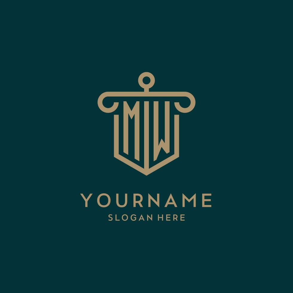 MW monogram initial logo design with shield and pillar shape style vector