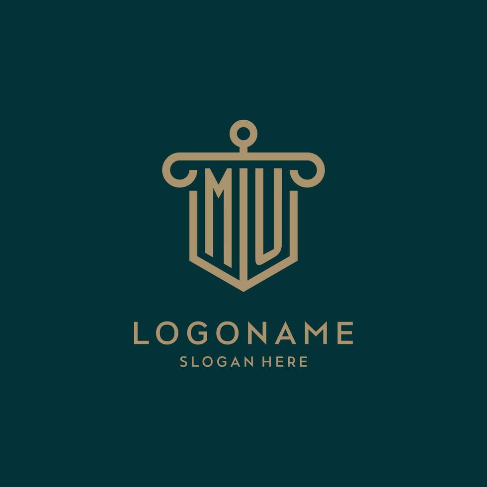MU monogram initial logo design with shield and pillar shape style vector