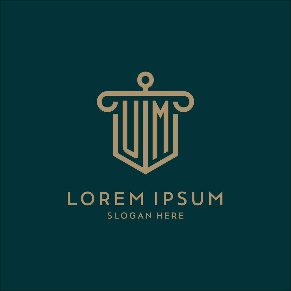 UM monogram initial logo design with shield and pillar shape style vector