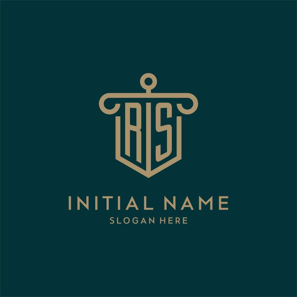 RS monogram initial logo design with shield and pillar shape style vector
