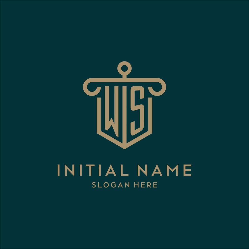 WS monogram initial logo design with shield and pillar shape style vector