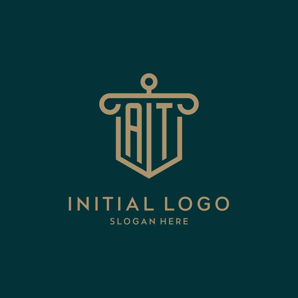 AT monogram initial logo design with shield and pillar shape style vector