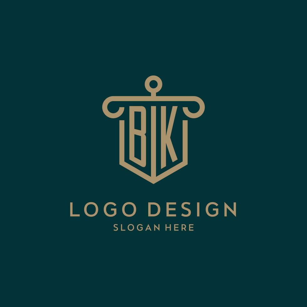 BK monogram initial logo design with shield and pillar shape style vector