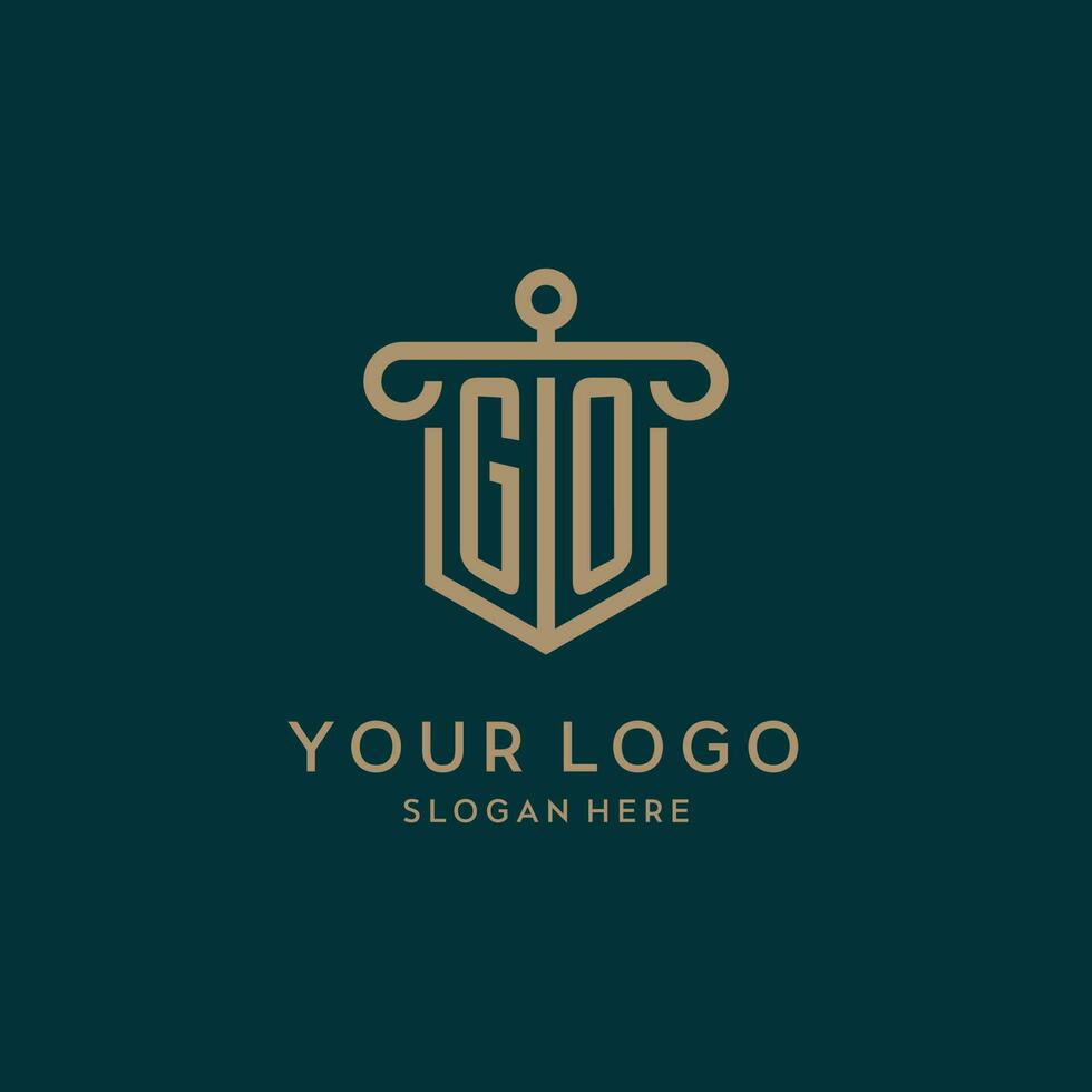 GO monogram initial logo design with shield and pillar shape style vector