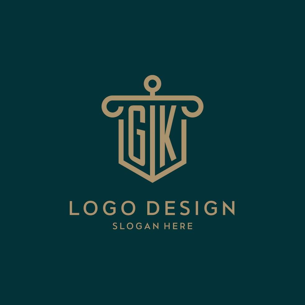 GK monogram initial logo design with shield and pillar shape style vector